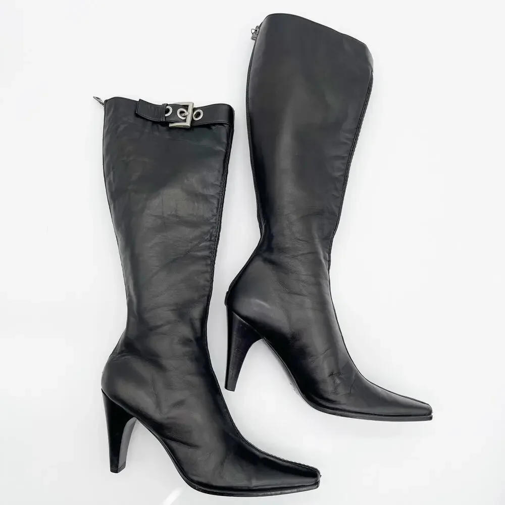 Vintage Prada Black Leather Square Toe Heeled Knee High Italian Boots 90s IT 36 - Picture 3 of 14